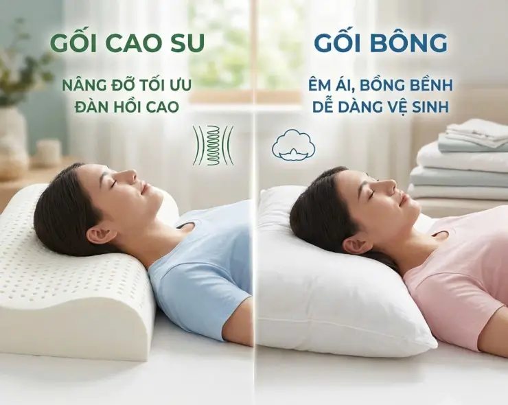 Nên sử dụng gối cao su hay gối bông cho gia đình??