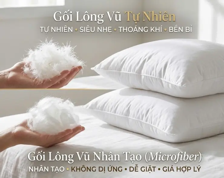 Sự khác nhau giữa gối lông vũ tự nhiên và gối lông vũ nhân tạo