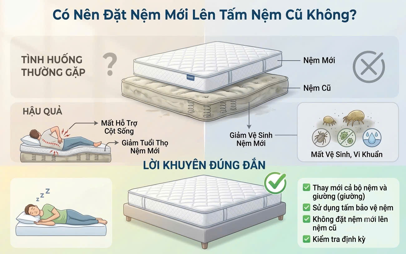 Có nên đặt nệm mới lên tấm nệm cũ??