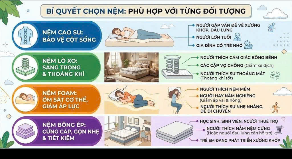 Bí quyết chọn nệm chuẩn chuyên gia: Mỗi loại nệm phù hợp với ai?