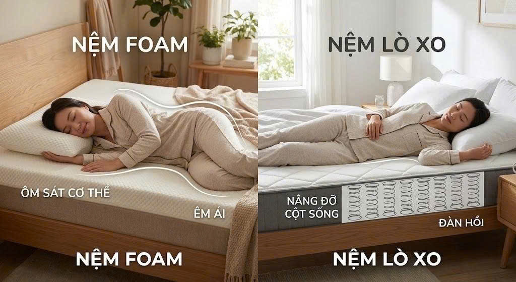 So sánh nệm Foam và nệm Lò Xo - Nên chọn loại nào?