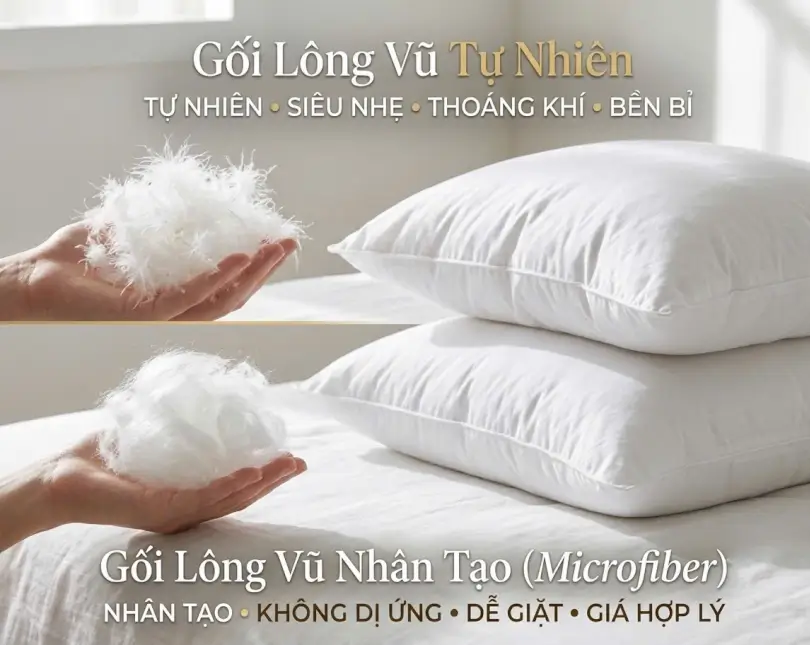 Sự khác nhau giữa gối lông vũ tự nhiên và gối lông vũ nhân tạo